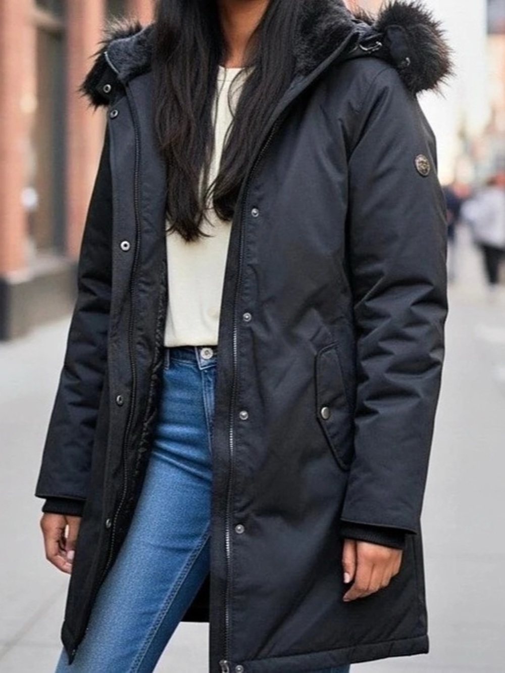 1 Madison Faux Fur Trim Expedition Black Hooded Down Parka Coat Sz L